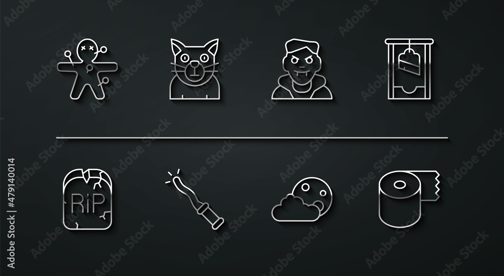 Sticker Set line Voodoo doll, Tombstone with RIP written, Guillotine, Moon and stars, Magic wand, Cat, Toilet paper roll and Vampire icon. Vector