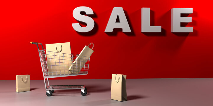 3d image supermarket trolley and the inscription "sale" in white on a red background. Black Friday. Sale and discounts