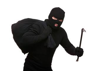 Thief in mask with crowbar and bag on white background