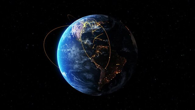 Global network and internet connection in orbital earth globe animation . Concept of wireless digital connection in futuristic 3D rendering motion graphic .