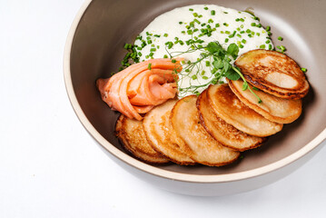 pancakes with salmon and cream