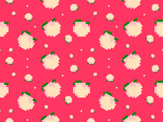 peach cartoon character seamless pattern on pink background.Pixel style