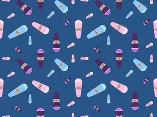 Coffee cup cartoon character seamless pattern on blue background