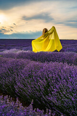 Woman with yellow cloth in field with lavender. Summer, sunset, hail, harvest, nature, aroma, purple.