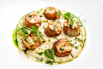 Cheese scallops with seared french fries and herbs on a luxury plate.