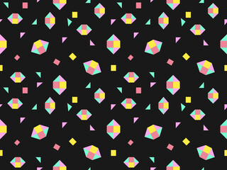 Geometric cartoon character seamless pattern on black background