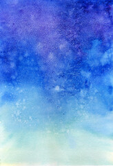 Night sky with clouds and stars, painted in watercolor
