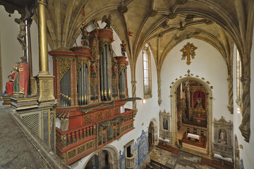 Baroque pipe organ of the 18th century inside the Monastery of Santa Cruz in Coimbra, Portugal