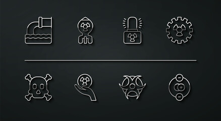 Set line Wastewater, Bones and skull warning, Radioactive, Biohazard symbol, Nuclear bomb, Atom and lamp icon. Vector