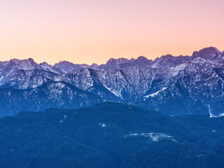 Fototapeta na wymiar Bavarian sunrise Karwendel mountain chain with a view point from the Herzogstand peak