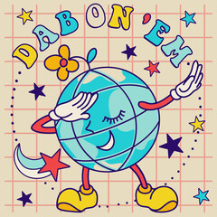 Dabbing dancing cartoon Earth with character face. Retro Fun vector print for tee, t, t shirt. 70's groovy concept
