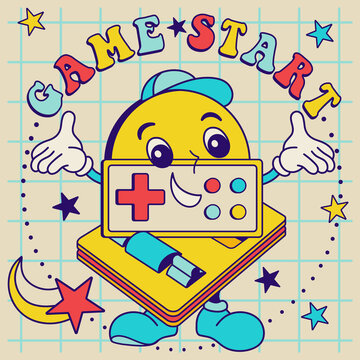 Groovy retro game console with slogan: "Game start". 80's style fun vintage illustration for tee, t shirt, poster design