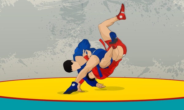 Male wrestlers in red and blue kimonos in Russian national wrestling. The athlete makes a throw over his shoulder.