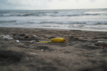 yellow plastic bottle on the beach by the ocean, the problem of garbage and ecology