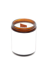 Soy candle in glass with wooden wick isolated on white background. Mock up for branding or advertising. Design of packing.