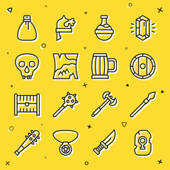 Set line Magic rune, Medieval spear, Shield viking, Bottle with potion, Folded map, Skull, Old money bag and Wooden beer mug icon. Vector