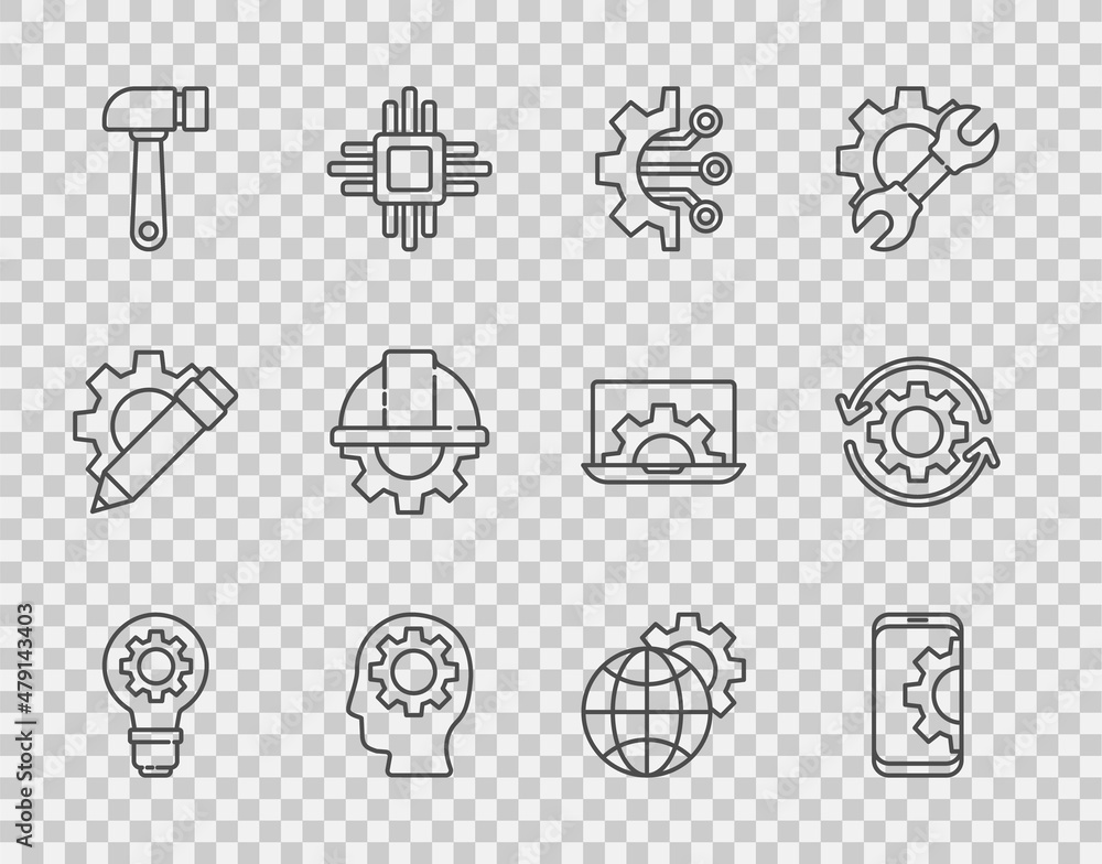 Poster set line light bulb and gear, setting on smartphone, algorithm, human head with inside, hammer, work