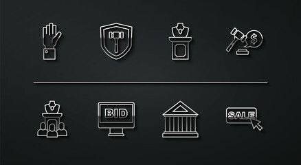 Set line Hand holding auction, Auction jewelry sale, hammer price, Museum building, Online, Price tag with Sale and icon. Vector