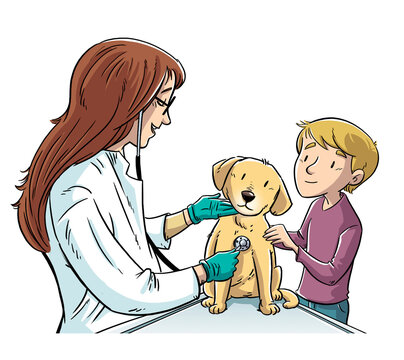 Illustration of boy taking his dog to the vet