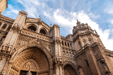 Facade of Santa Iglesia Catedral Primada in the medieval city of Toledo in Castilla La Mancha, Spain
