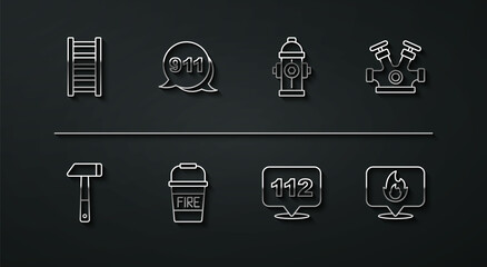 Set line Fire escape, Hammer, hydrant, Emergency call, bucket, 911, Location with fire flame and icon. Vector