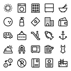 Outline icons for hotel and restaurant.