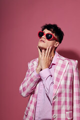 pretty man plaid blazer fashion modern style glasses pink background unaltered