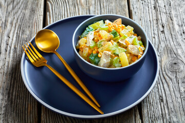 salad of chicken breast, corn, ananas, cucumber