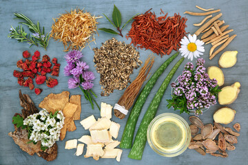 Herbal medicine with herbs and flowers in bowls and loose for natural plant medicine healing...