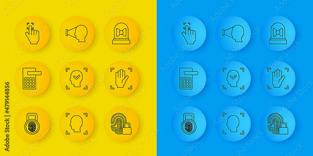 Poster set line fingerprint with lock, digital door, face recognition, palm, motion sensor and icon. vector