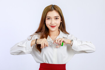 Beautiful cute face young Asian girl campaign says no to plastic, reducing plastic waste, reducing global warming in studio light portrait shot isolated on white background. Environment concept