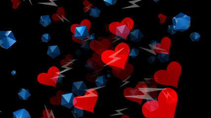 A futuristic flight of red hearts and asteroid debris in the form of blue multi-faceted shapes. 3D....