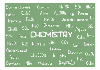 Fototapeta premium Chemical theme background with chemical formulas in doodle style. The inscription 