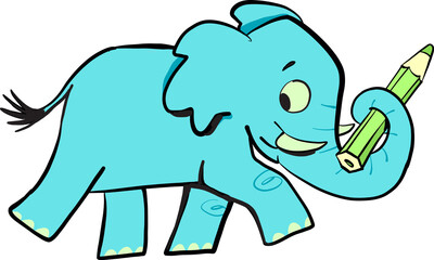 blue elephant on a walk carries a green pencil in its trunk