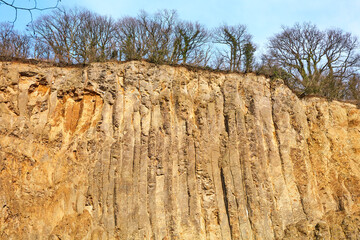 Hohe Basaltwand mit vulkanischem Ursprung am Rhein bei Bonn in Deutschland.