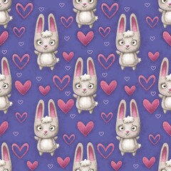 Seamless pattern with rabbits on purple background