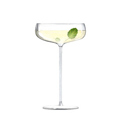 A glass of champagne on a high stem with green leaves. Refreshing drink. Watercolor illustration on isolated white background.