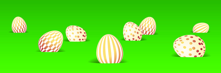 Easter eggs hunt. Easter eggs on the lawn. Decorated 3D easter eggs on green grass