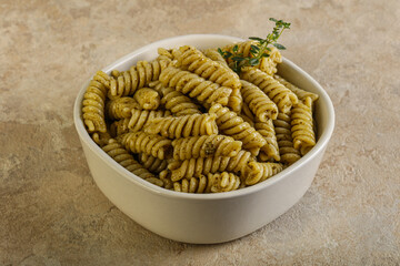 Italian pasta Fusilli with pesto