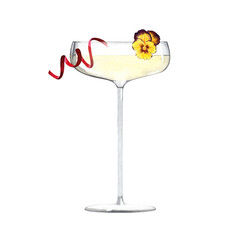 A glass of champagne on a high leg decorated with a yellow flower and New Year's serpentine. Pansies with spring sunny cocktails. Watercolor illustration on isolated white background.