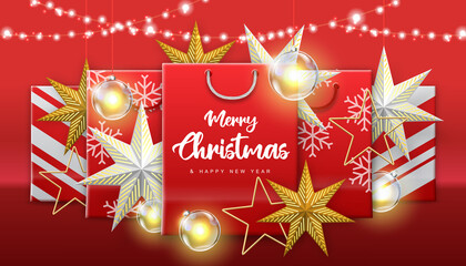 Christmas holiday background with paper bags or gift boxes with presents and christmas decorations. Vector illustration