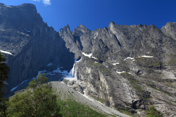 The Troll Wall or Trollveggen -  part of the mountain massif Trolltindene (Troll Peaks) in...