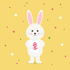 Cute easter bunny holds easter egg. Template for greeting card, invitation, poster and easter design