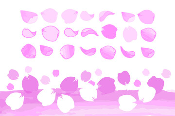 Flower and cherry petals set. Hand drawn and watercolor brushes paint petals. Sakura. Spring. Vector illustration