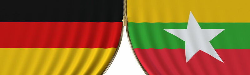 Obraz premium Germany and Myanmar political cooperation or conflict, flags and closing or opening zipper, conceptual 3D rendering