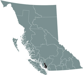 Black flat blank highlighted location map of the SUNSHINE COAST regional district inside gray administrative map of the Canadian province of British Columbia, Canada