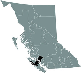Black flat blank highlighted location map of the STRATHCONA regional district inside gray administrative map of the Canadian province of British Columbia, Canada