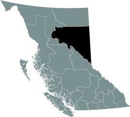Black flat blank highlighted location map of the PEACE RIVER regional district inside gray administrative map of the Canadian province of British Columbia, Canada