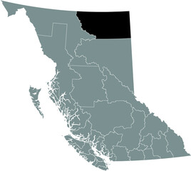 Fototapeta premium Black flat blank highlighted location map of the NORTHERN ROCKIES regional district inside gray administrative map of the Canadian province of British Columbia, Canada