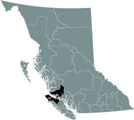 Black flat blank highlighted location map of the MOUNT WADDINGTON regional district inside gray administrative map of the Canadian province of British Columbia, Canada